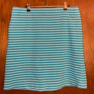 Talbots Stretch Knit Teal & White Striped MIDI Skirt w/Pockets, Back Zip Size 10